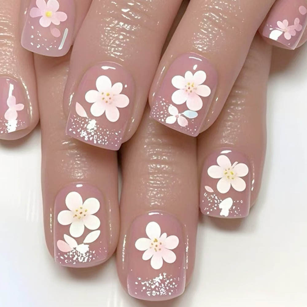 Blossom Bliss Short Square Soft Pink Floral Glitter Press-On Nail Set