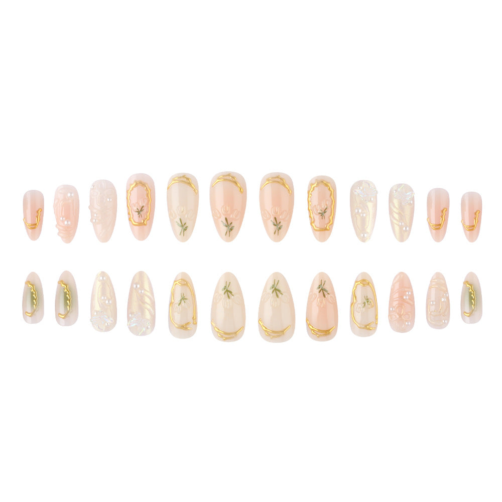 Bohemian Bliss Long Almond Pink with Gold Accents and Floral Design Press On Nail Set