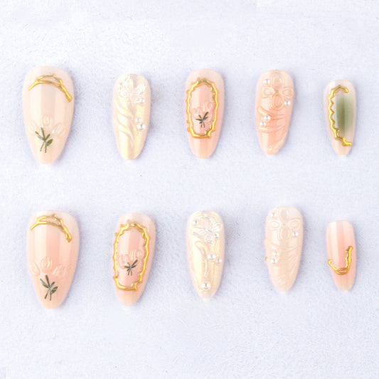 Charming Elegance Long Almond Soft Peach with Elegant Gold Accents Press On Nail Set