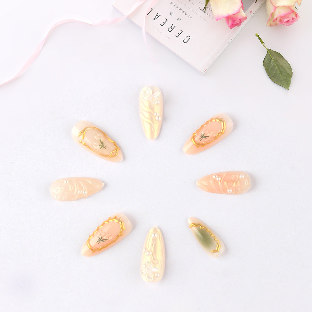 Whimsical Garden Inspired Long Almond Shaped Pink Press On Nail Set with Unique Floral Designs