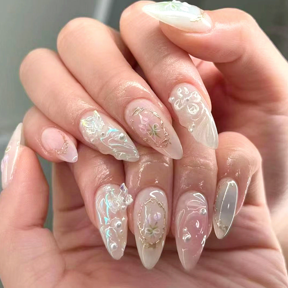 Ethereal Garden Dream Long Almond Shaped Iridescent Beige Press On Nail Set with Floral Embellishments