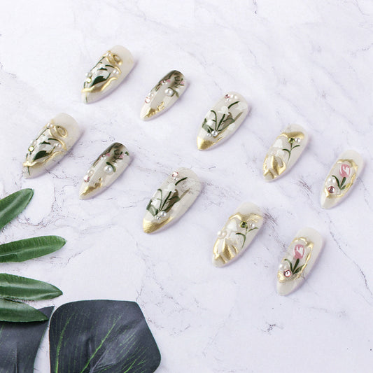 Elegant Floral Fantasy Press On Nails Long Almond Off White with Gold Accents and Gemstone Decor