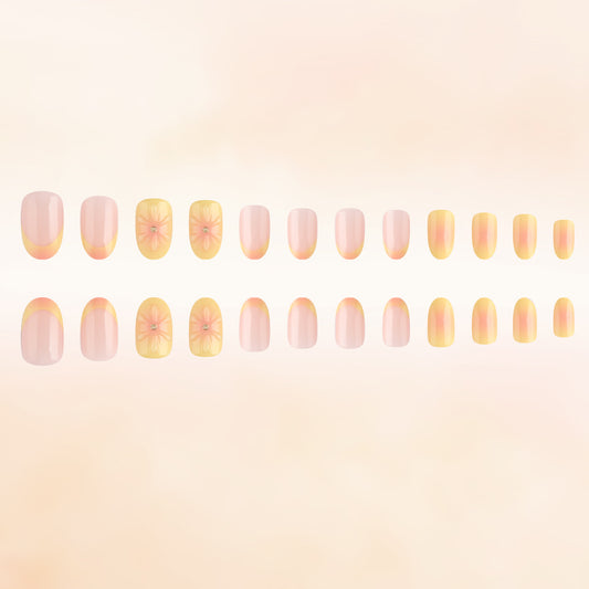 Citrus Sunrise Elegant Medium Oval Soft Pink and Yellow Gradient with Floral Accent Press-On Nail Set