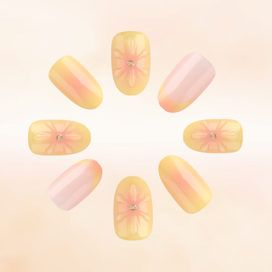 Sunrise Blossom Medium Oval Press-on Nail Set in Yellow and Pink Featuring Stunning Floral Accents