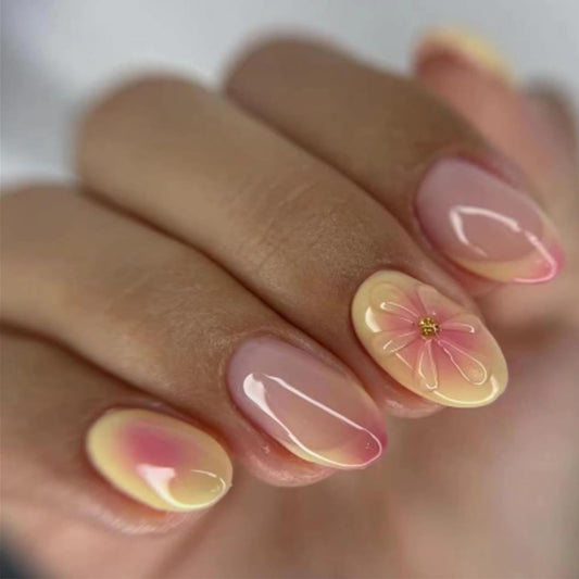 Blooming Elegance Medium Almond Pink Ombre Nails with Delicate Floral Detail