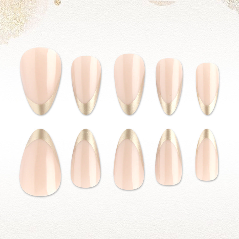 Elegant Glow Medium Almond Beige with Gold Tips Press on Nail Set