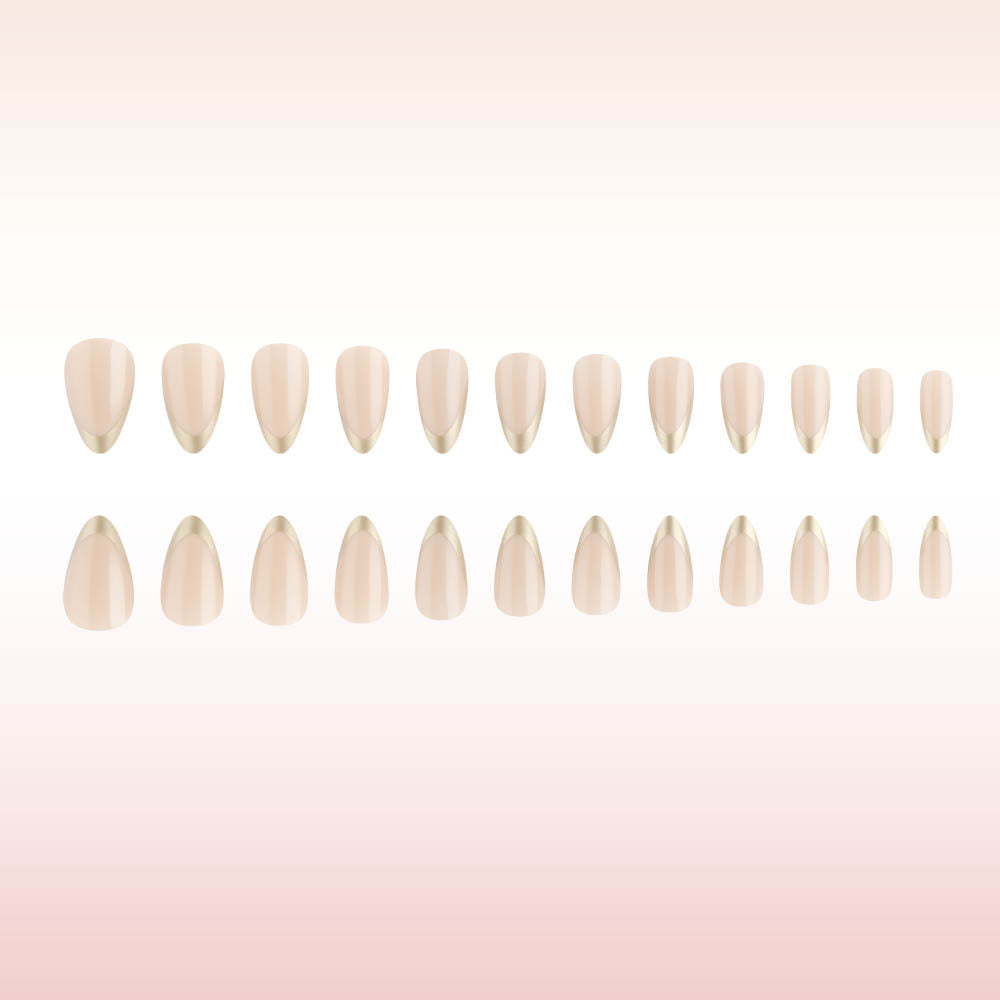 Chic Elegance Medium Almond Beige Press On Nails with Glossy Gold Tips