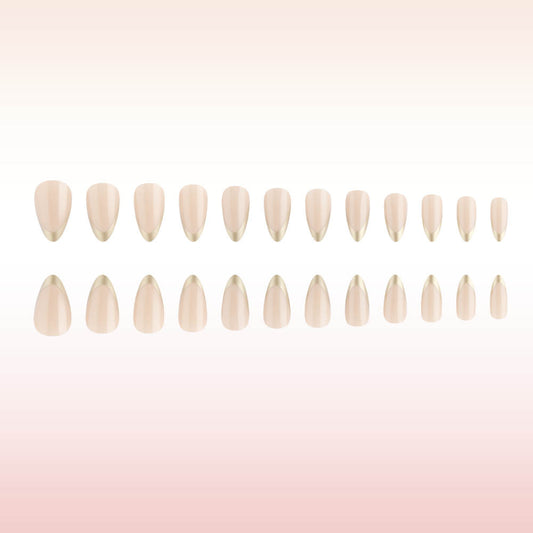 Chic Elegance Medium Almond Beige Press On Nails with Glossy Gold Tips