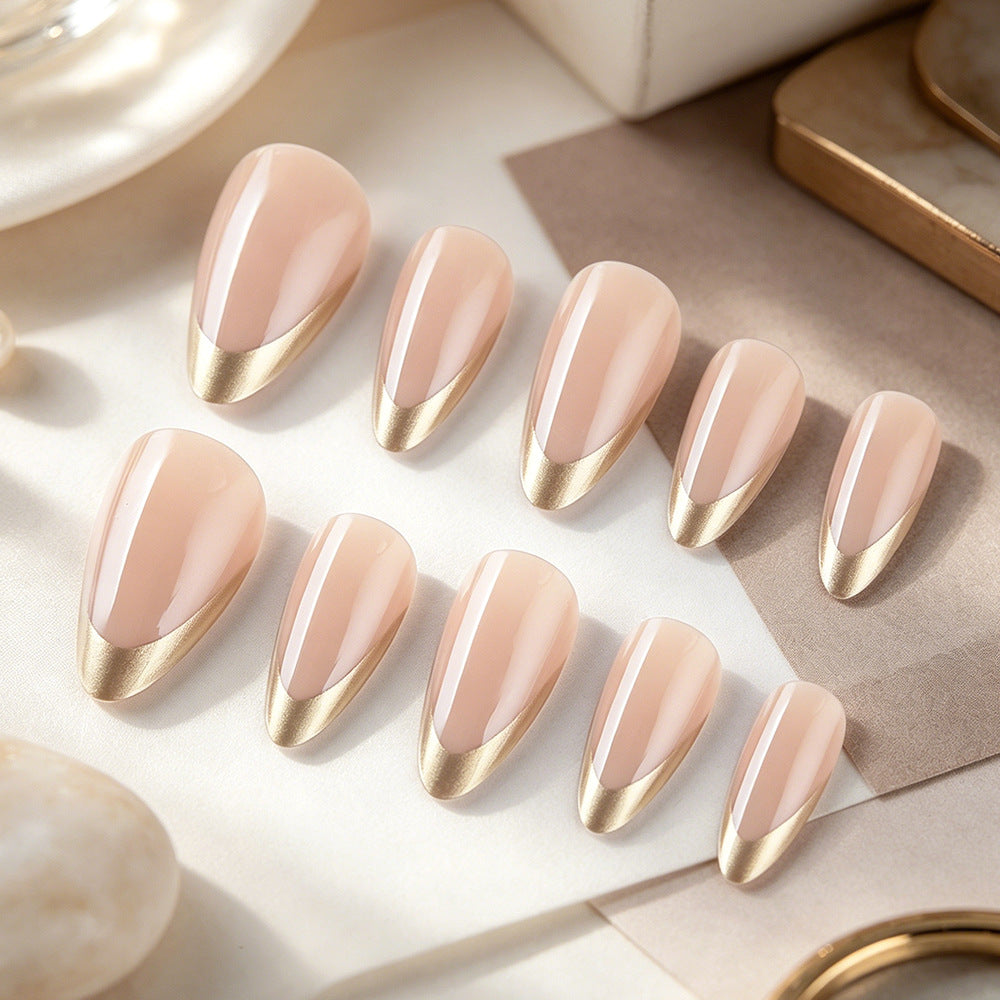 Elegant Chic Medium Almond Beige Press On Nails with Gold Tips