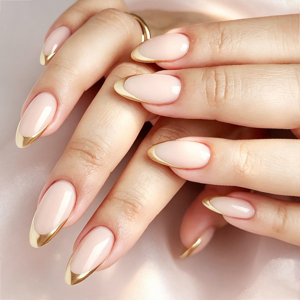 Glamorous Medium Almond Beige Nails with Chic Gold Tips Press On Nail Set