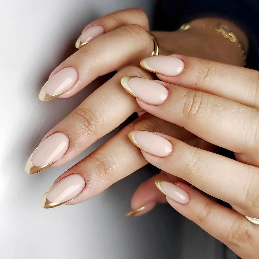 Glamorous Rose Gold Elegance Medium Almond Shaped Neutral Pink with Chic Gold Tip Press On Nail Set