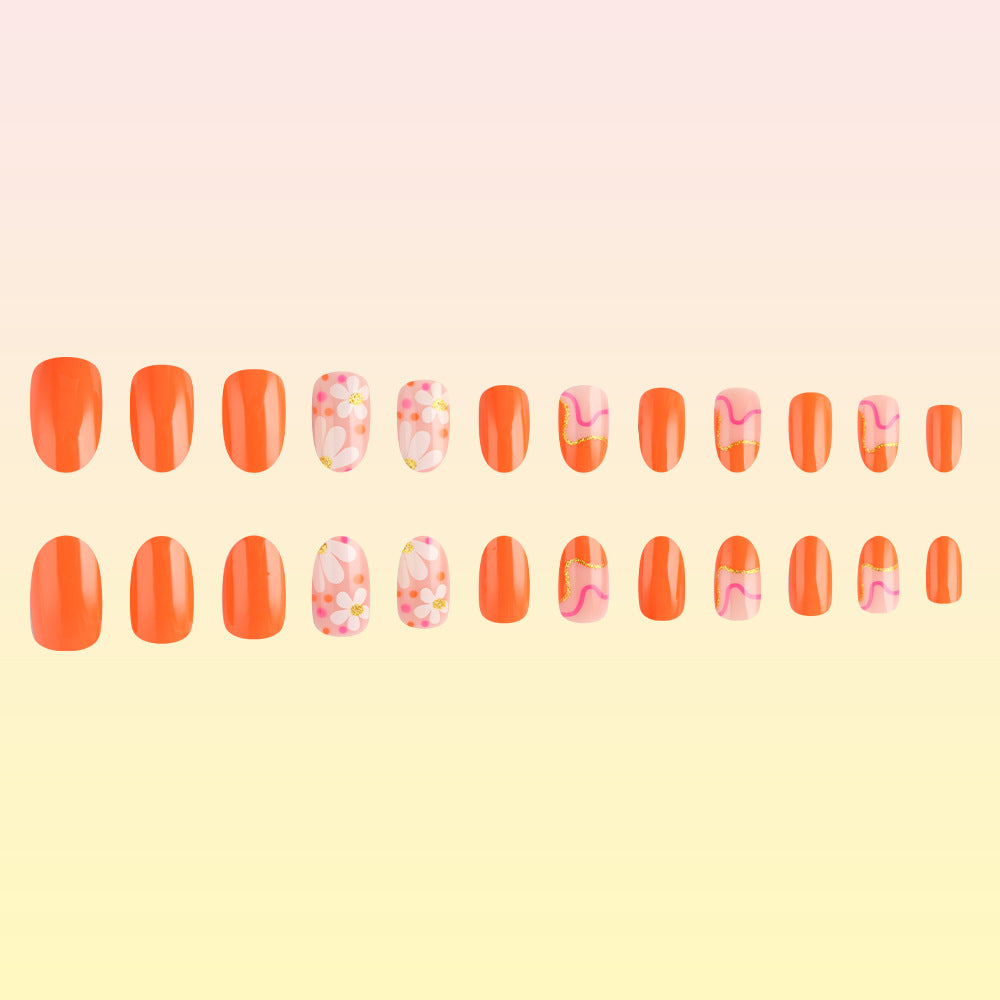 Sunset Bliss Glossy Medium Oval Orange Nail Set with Floral and Swirl Accents