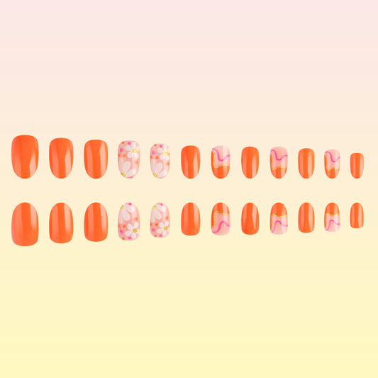 Sunset Bliss Glossy Medium Oval Orange Nail Set with Floral and Swirl Accents