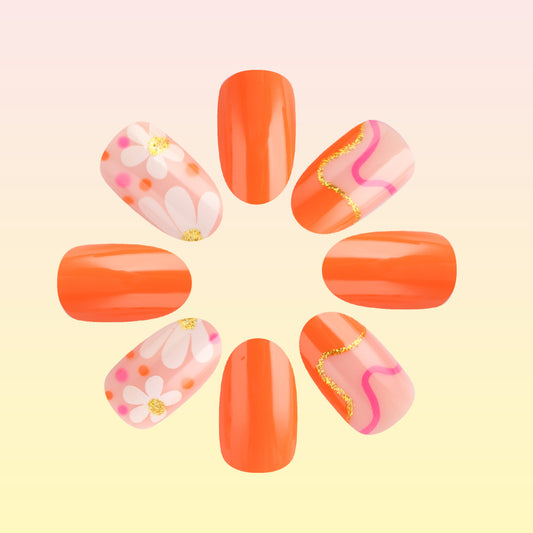 Vibrant Garden Press-On Nail Set Medium Oval Shape Bright Orange with Floral and Wavy Accent Designs