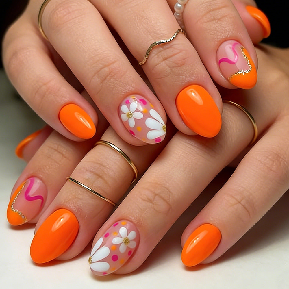 Vibrant Sunshine Medium Oval Orange Floral Design Press on Nail Set