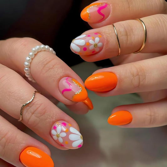 Vibrant Summer Vibes Medium Oval Orange and Floral Press On Nail Set with Unique Gold Accents