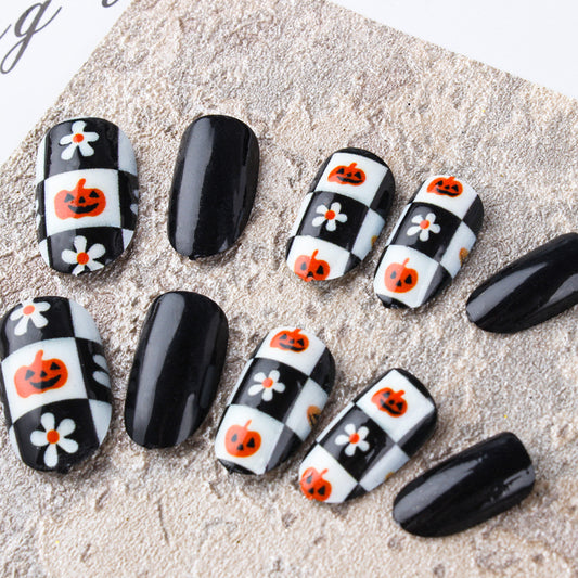Spooky Charm Medium Oval Black and White with Halloween Pumpkin and Flower Design Press on Nail Set