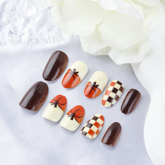Autumn Harvest Medium Oval Brown and Cream Checkered Nail Set with Pumpkin Accents