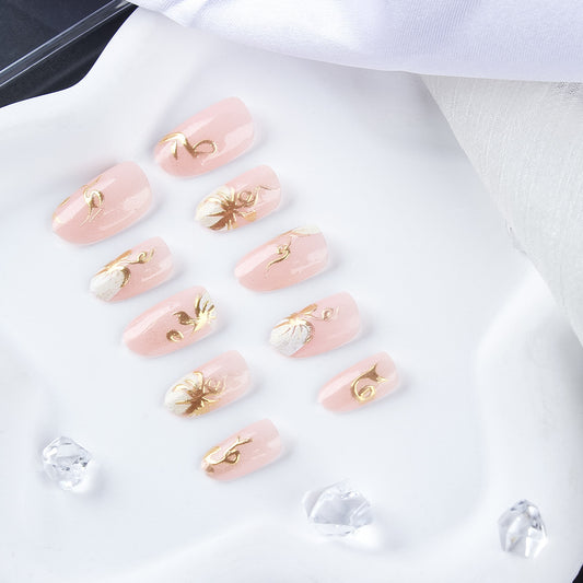 Elegant Garden Inspired Medium Almond Pink Press-On Nail Set with Gold Floral Accents
