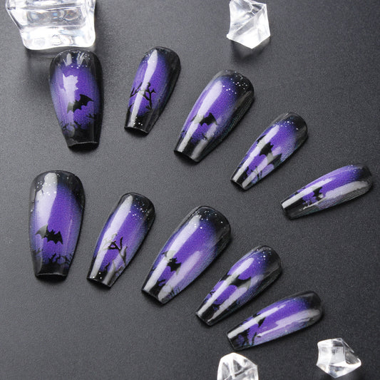 Mystical Night Press-On Nail Set Medium Coffin Purple and Black with Bat and Starry Sky Design