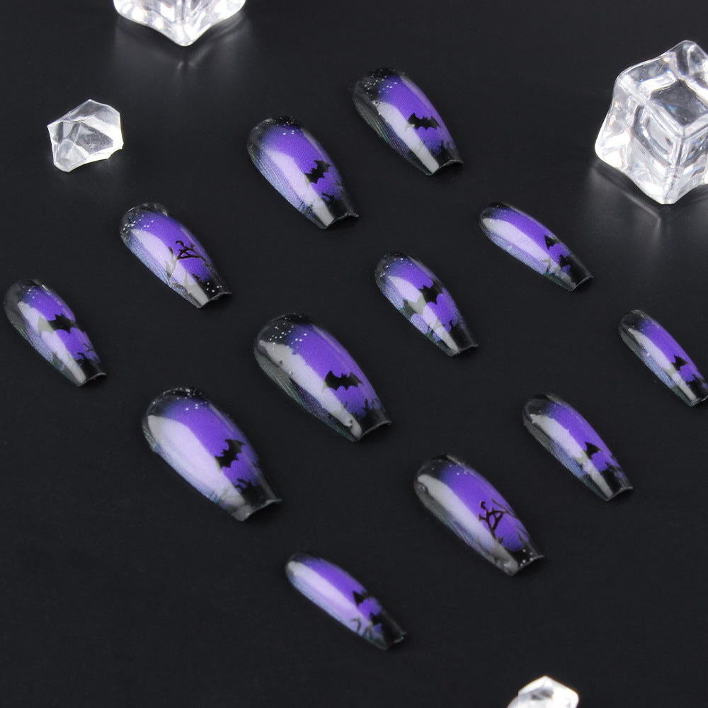Mystical Night Sky Medium Coffin Purple Gradient Nails with Enchanting Bat Design