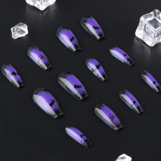 Mystical Night Sky Medium Coffin Purple Gradient Nails with Enchanting Bat Design