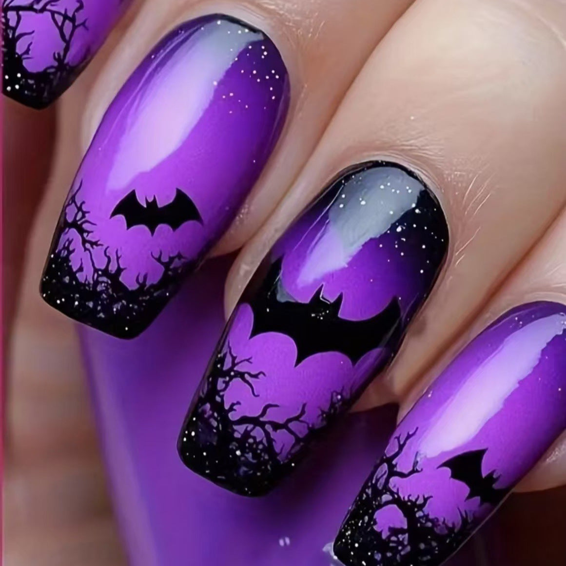 Spooky Vibes Medium Coffin Purple Gradient Press On Nail Set with Bat and Tree Accent Design