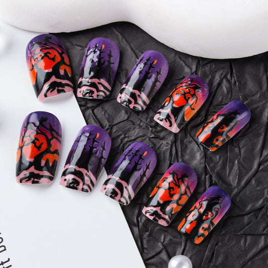 Mystical Forest Dreams Medium Square Shaped Purple and Orange Press on Nail Set with Unique Hand Painted Design