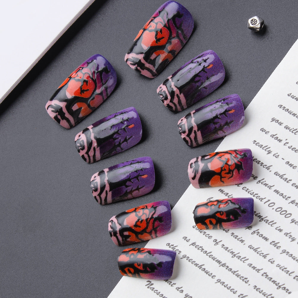 Mystical Floral Elegance Medium Square Purple with Striking Floral Design Press-On Nail Set