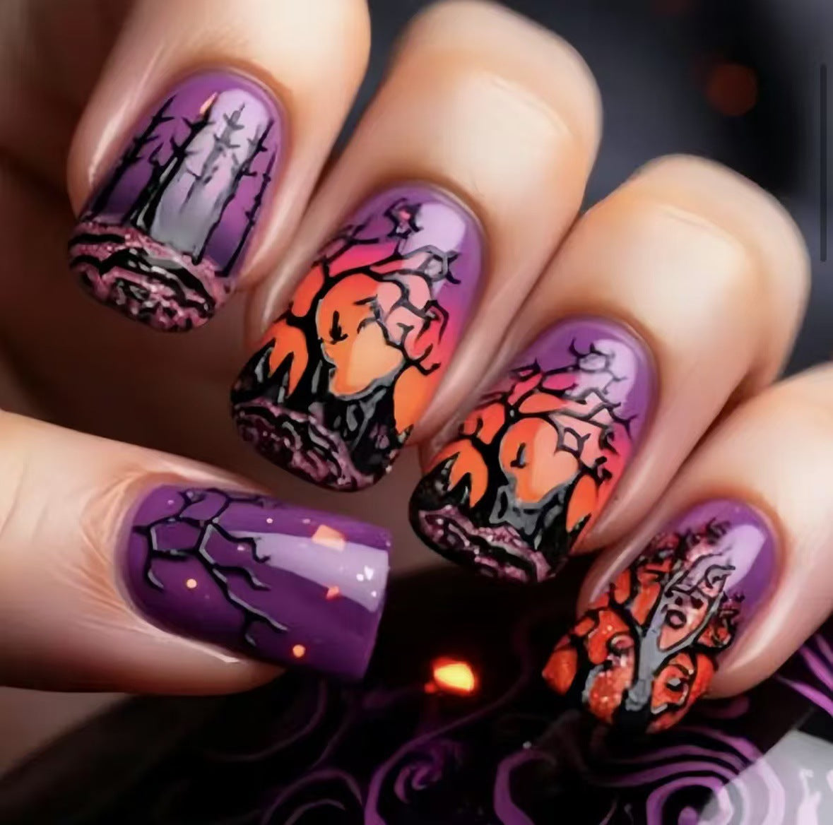 Halloween Enchantment Medium Square Purple and Orange with Spooky Forest Design Press On Nail Set