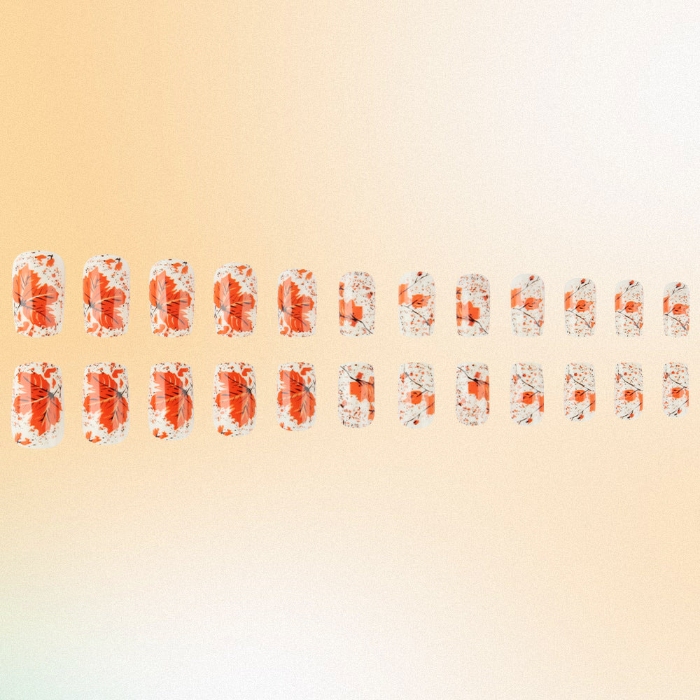 Blooming Autumn Elegance Medium Square Orange Floral Press On Nail Set with Artistic Design