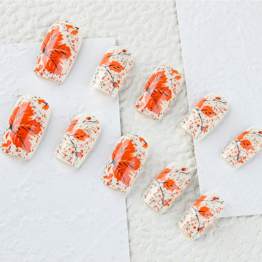Autumn Blossom Press On Nail Set Medium Square Orange Floral Design with Elegant Touch