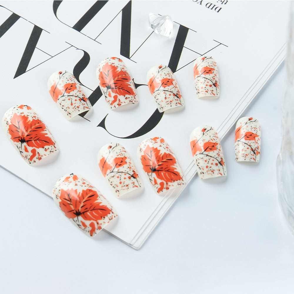 Autumn Dreaming Medium Square Orange Floral Press On Nail Set with Intricate Leaf Design