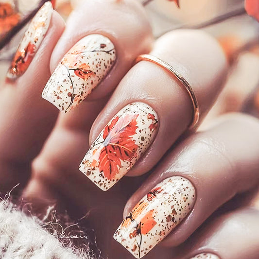 Autumn Breeze Medium Square Beige with Vibrant Leaf Design Press On Nail Set