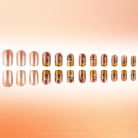 Whimsical Garden Press-On Nail Set with Medium Length Square Shape Shimmering Rose Gold Color and Beautiful Butterfly Floral Design