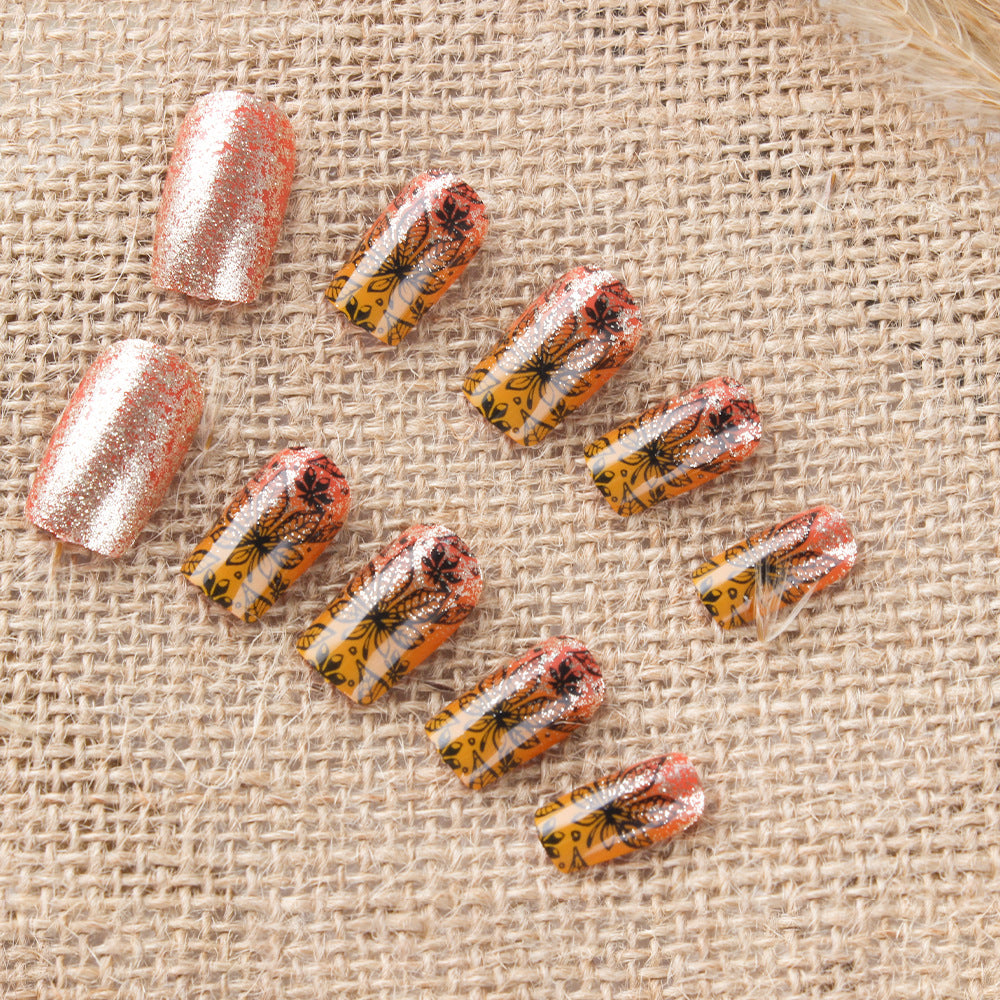 Bohemian Beauty Medium Square Glossy Rectangle Orange and Gold Floral Press On Nail Set