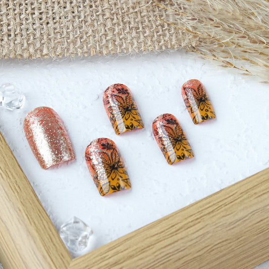 Bohemian Spirit Medium Square Coral with Glitter and Intricate Floral Design Press On Nail Set
