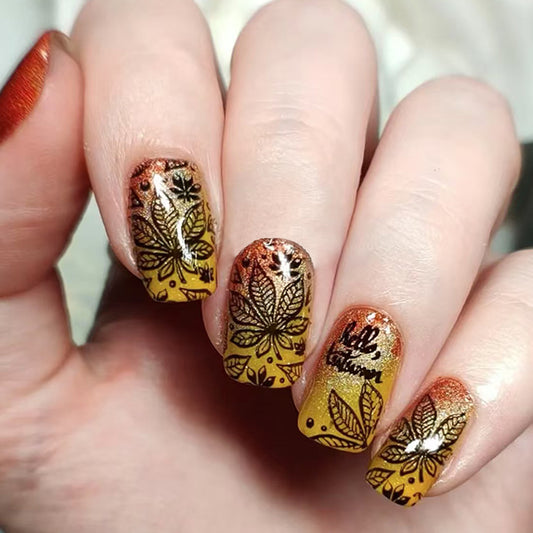 Autumn Elegance Medium Square Ombre Orange to Yellow with Leafy Design Press On Nail Set