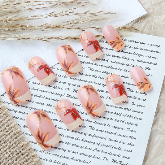 Tropical Vibes Medium Square Pink Nails with Floral Design and Glitter Accents