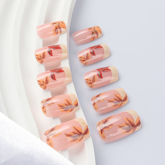 Autumn Elegance Medium Square Pink Press-On Nail Set with Floral Accents and Glitter Details