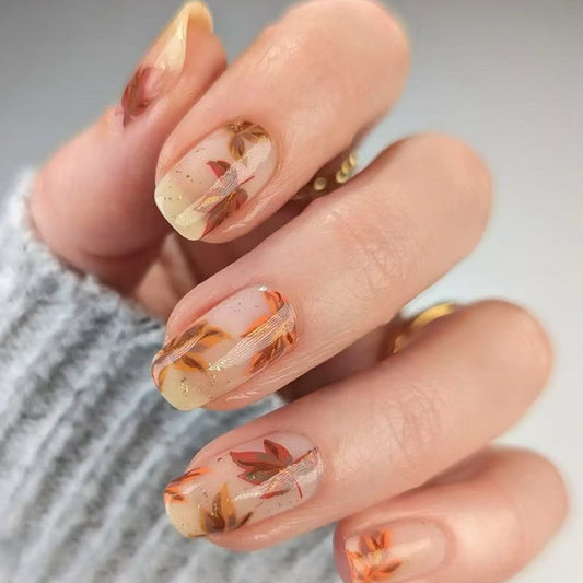 Autumn Breeze Medium Square Transparent Amber with Leaf Design Nail Set