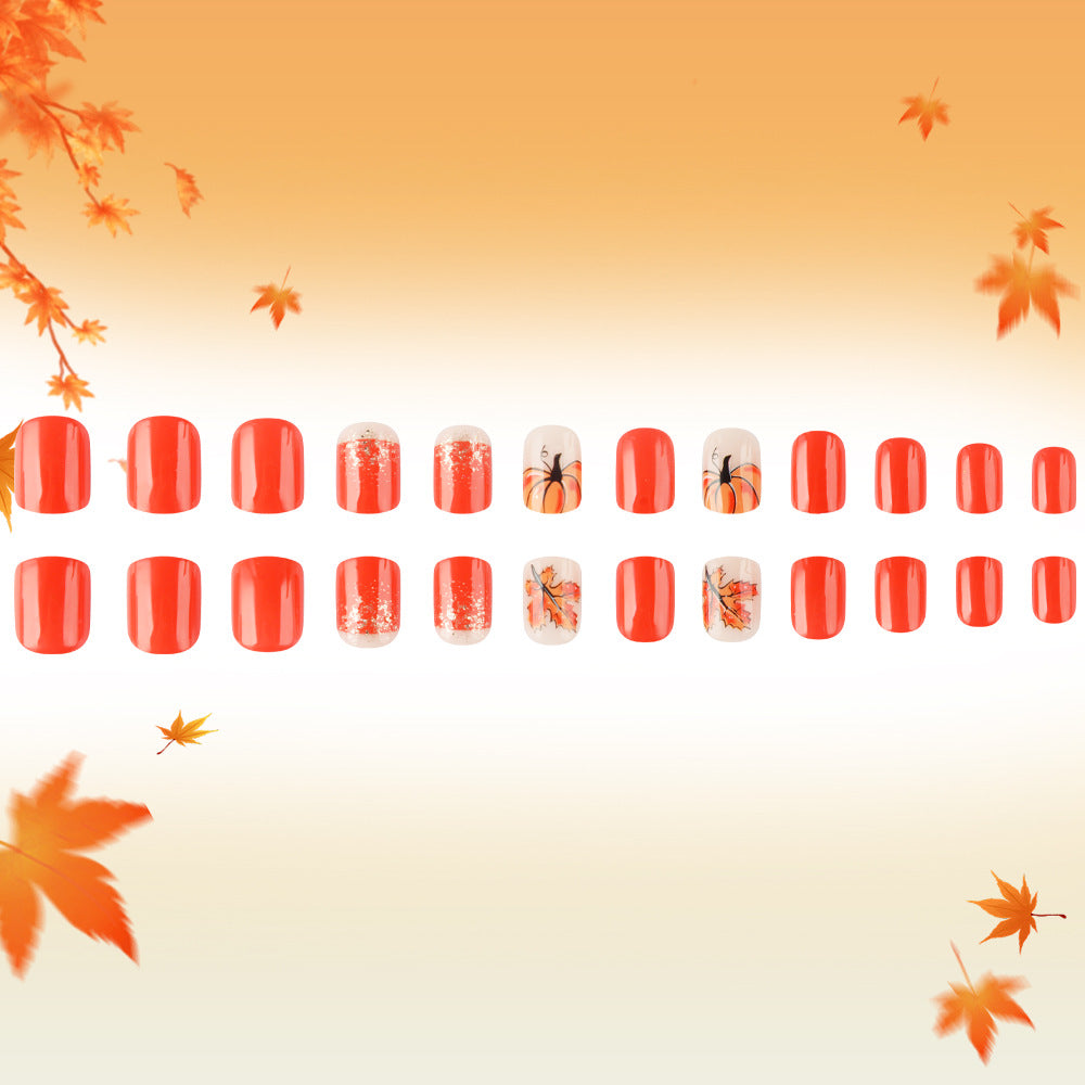 Autumn Vibes Glossy Medium Square Orange Press On Nail Set with Pumpkin and Leaf Designs
