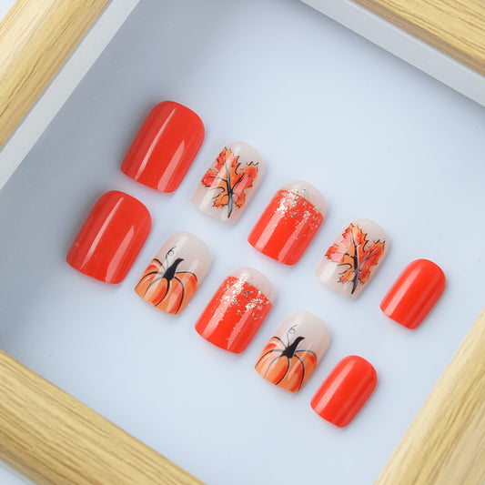 Autumn Elegance Medium Square Red Press on Nail Set with Pumpkin and Leaf Art