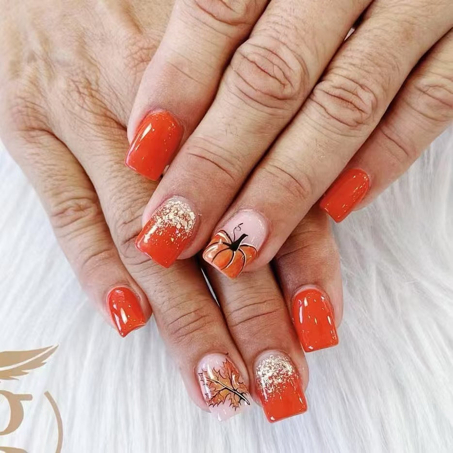 Autumn Enchantment Medium Square Orange Press On Nail Set with Glitter and Pumpkin Design