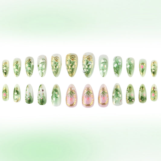 Botanical Elegance Press on Nail Set in Long Almond Shape with Soft Green and Floral Design Featuring Golden Accents