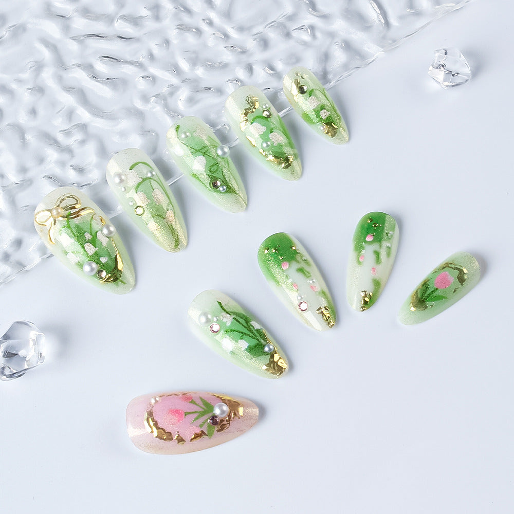 Whimsical Garden Inspired Long Almond Green and Gold Floral Press On Nail Set with Pearls