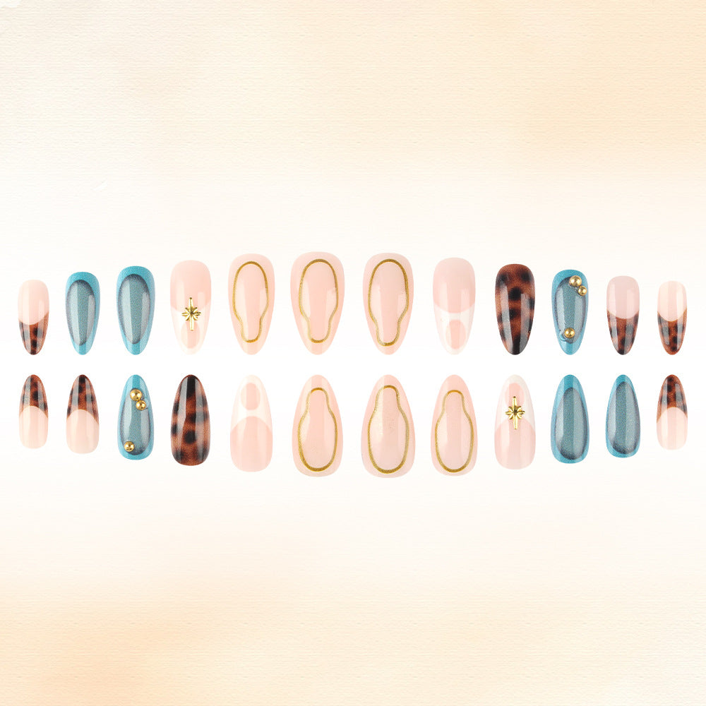 Bohemian Charm Long Almond Soft Pink with Gold Trim and Unique Gemstone Accents Press On Nail Set