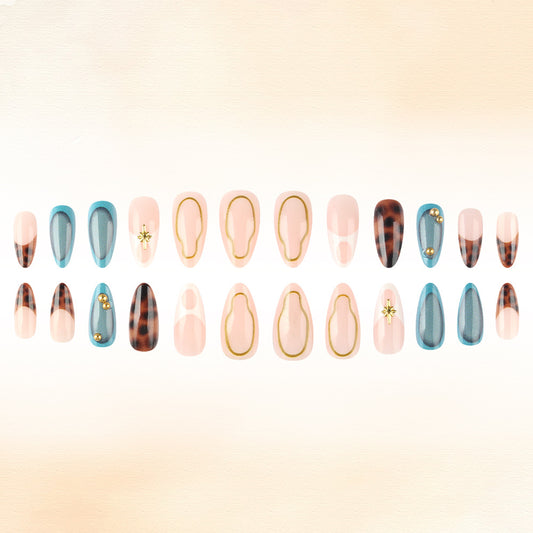 Bohemian Charm Long Almond Soft Pink with Gold Trim and Unique Gemstone Accents Press On Nail Set