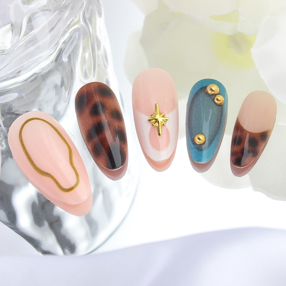 Elegant Safari Inspired Long Almond Shape Earthy Brown and Blush with Golden Accents Press On Nail Set