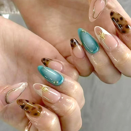 Tropical Oasis Long Almond Teal and Brown Ombre Press on Nail Set with Gold Charm Accent